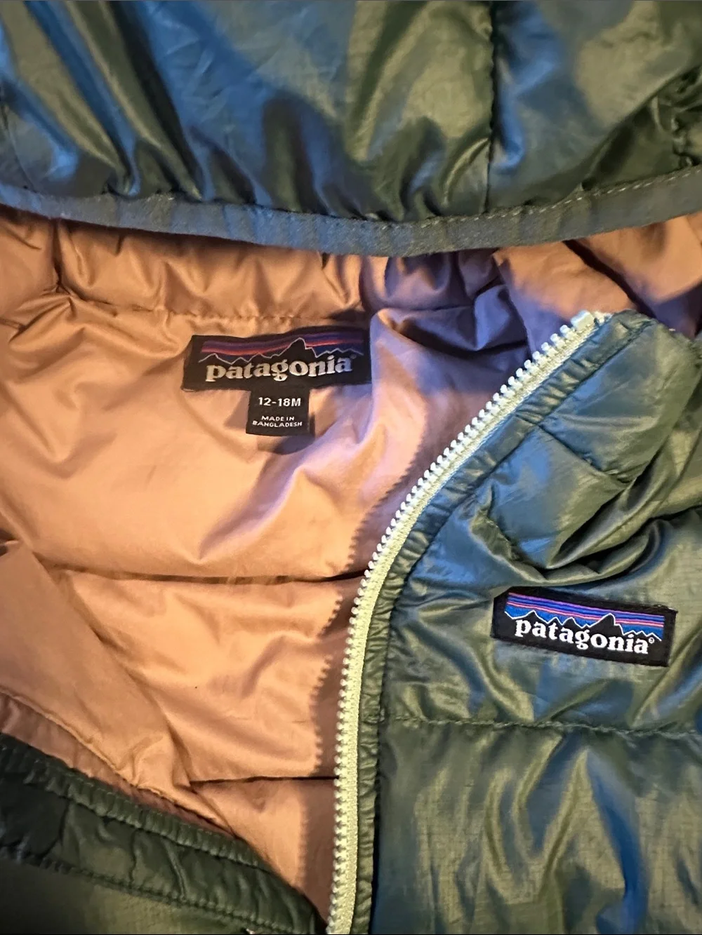 Patagonia Kids Hooded Puffer Jacket - Sage Green with Light Pink Accents